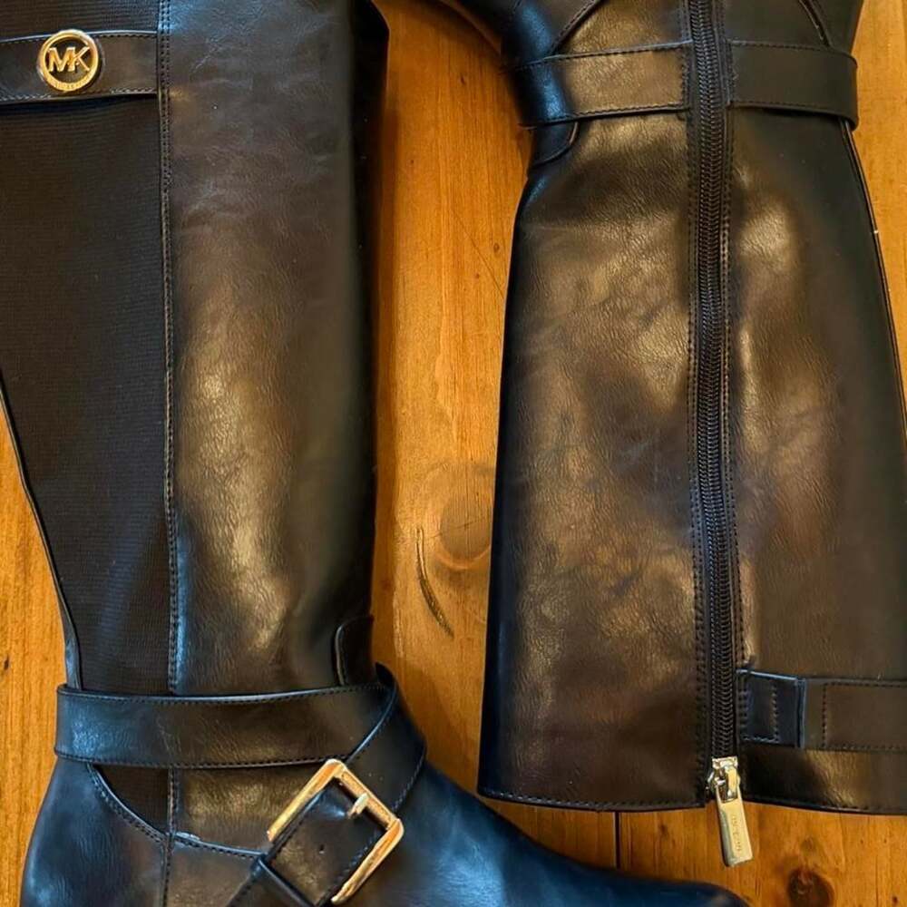 Michael Kors Jessamy Riding Boots USA 4 Black Gold Buckle
